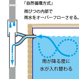 自然循環方式の雨水タンクは、雨が降る度に新鮮な水に